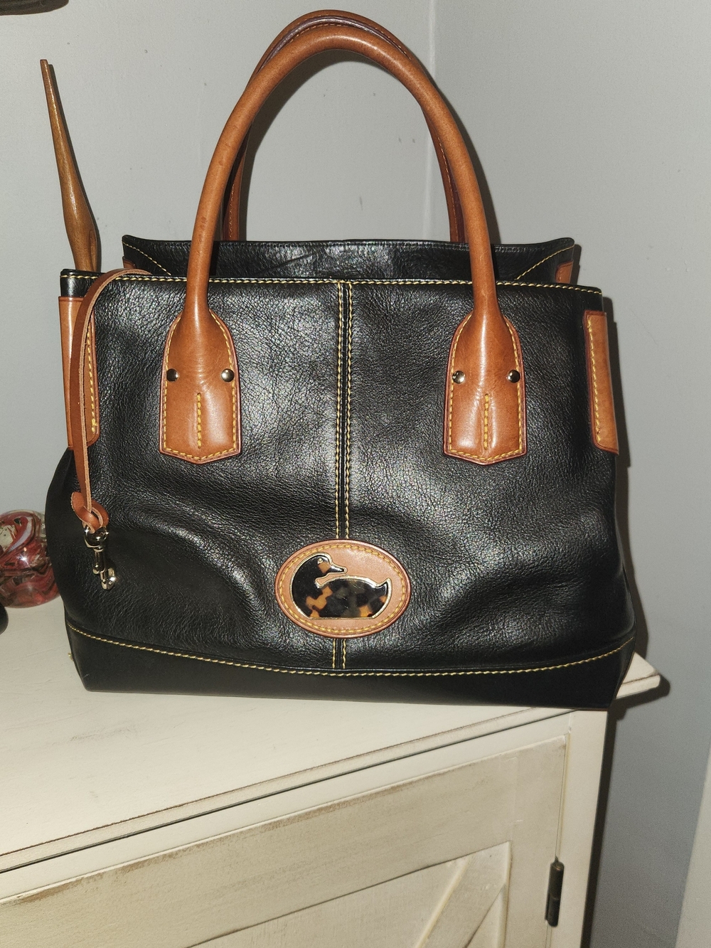 Dooney& Bourke Champosa Black And Brown Leather Vintage Tortise Shell 14x13"
